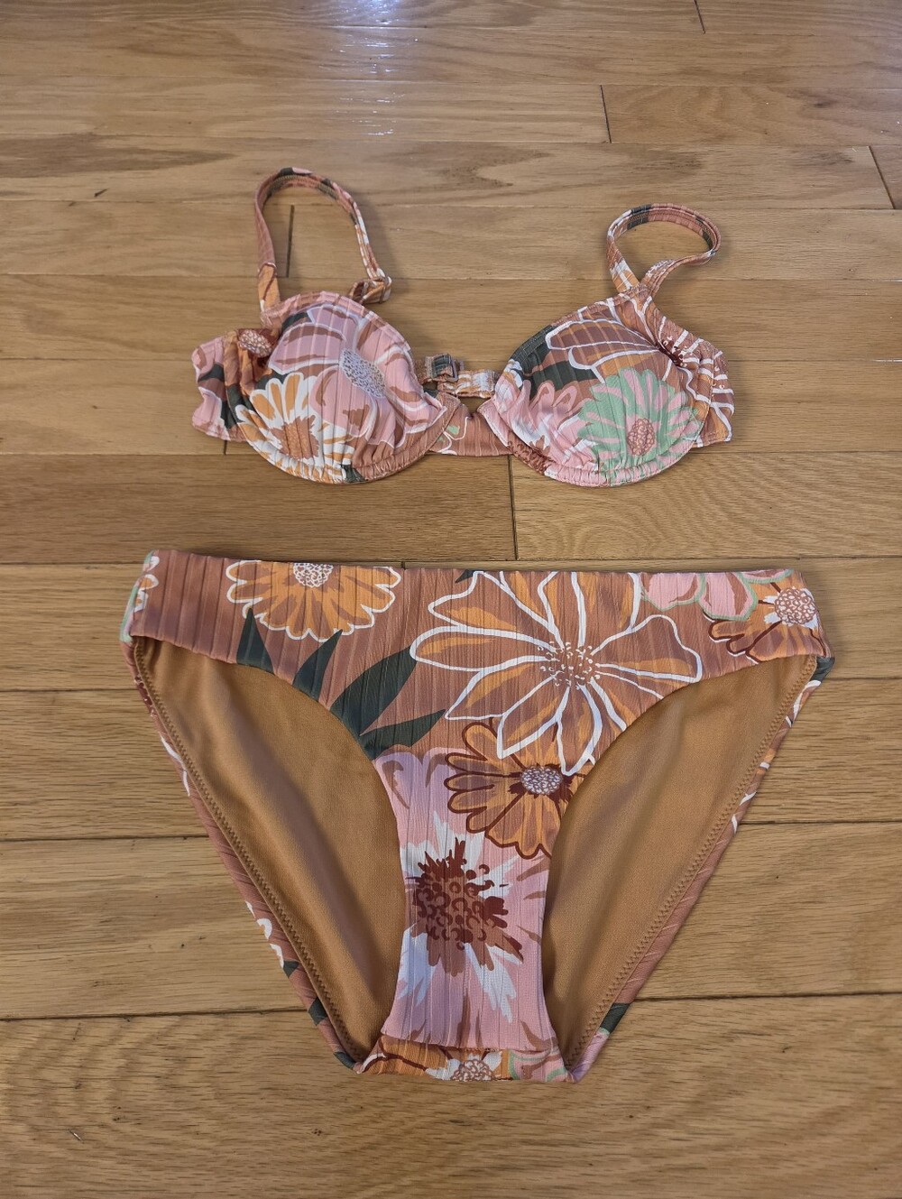 Floral Ribbed Two-Piece Bikini Set – Peach Multi